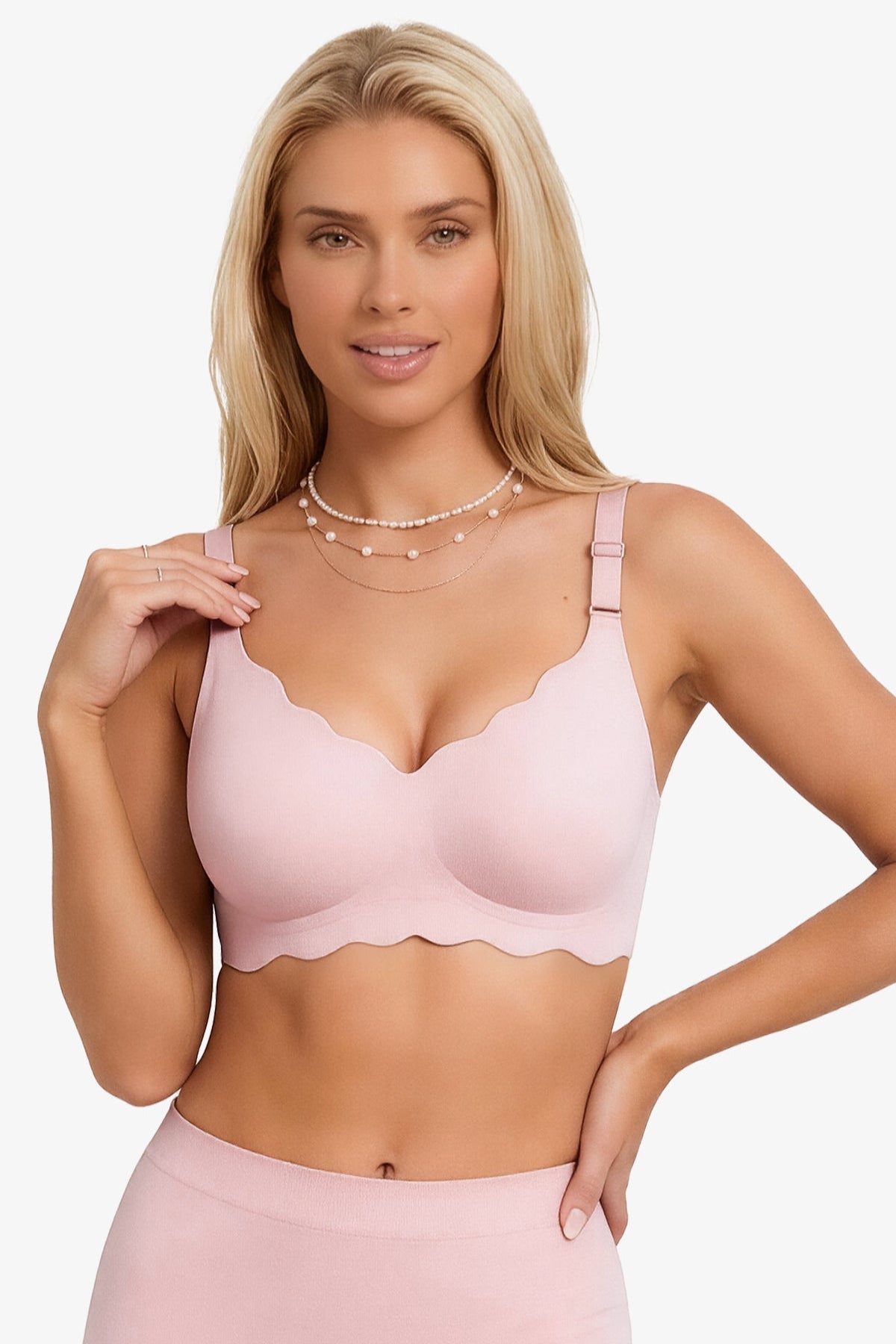 Pink seamless push-up bra with scalloped edge, wireless underwire-free design