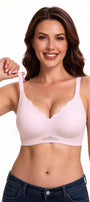 Pink seamless bra with scalloped neckline, molded cups, and wide straps