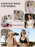 Nude deep V mesh bra shown in lifestyle collage, no underwire, push-up cups