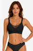 Black seamless V-neck mesh bralette, no underwire, stretchy fabric