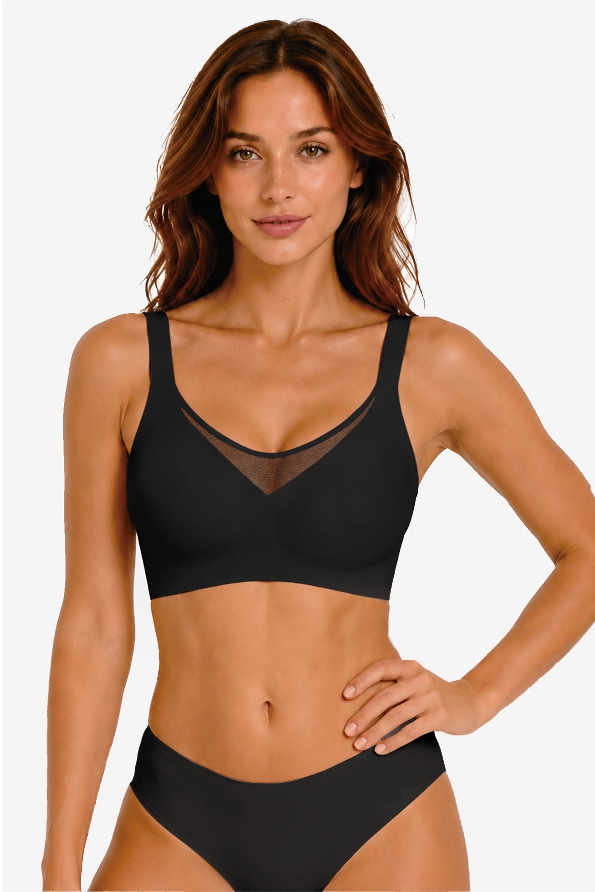Black seamless V-neck mesh bralette, no underwire, stretchy fabric
