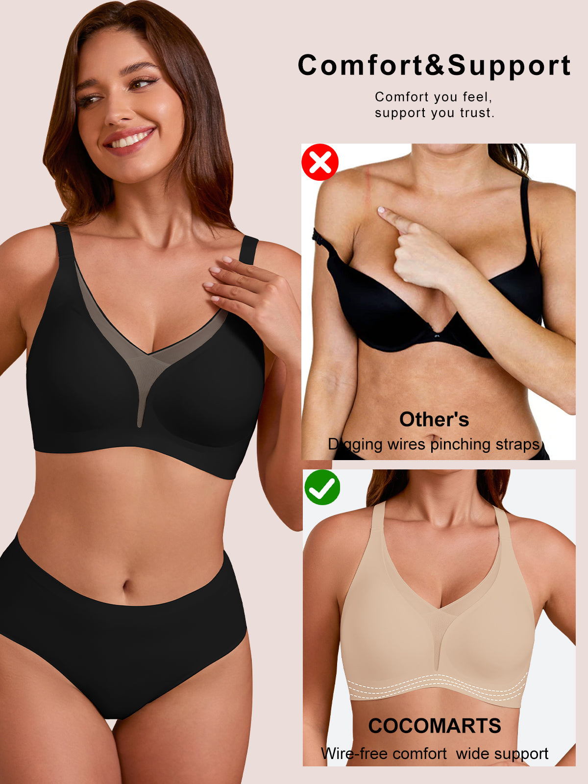 COCOMARTS Jelly Bras for Women No Underwire Push Up Deep V Mesh Comfort T Shirt Bralette Wireless Seamless Everyday Bra Black