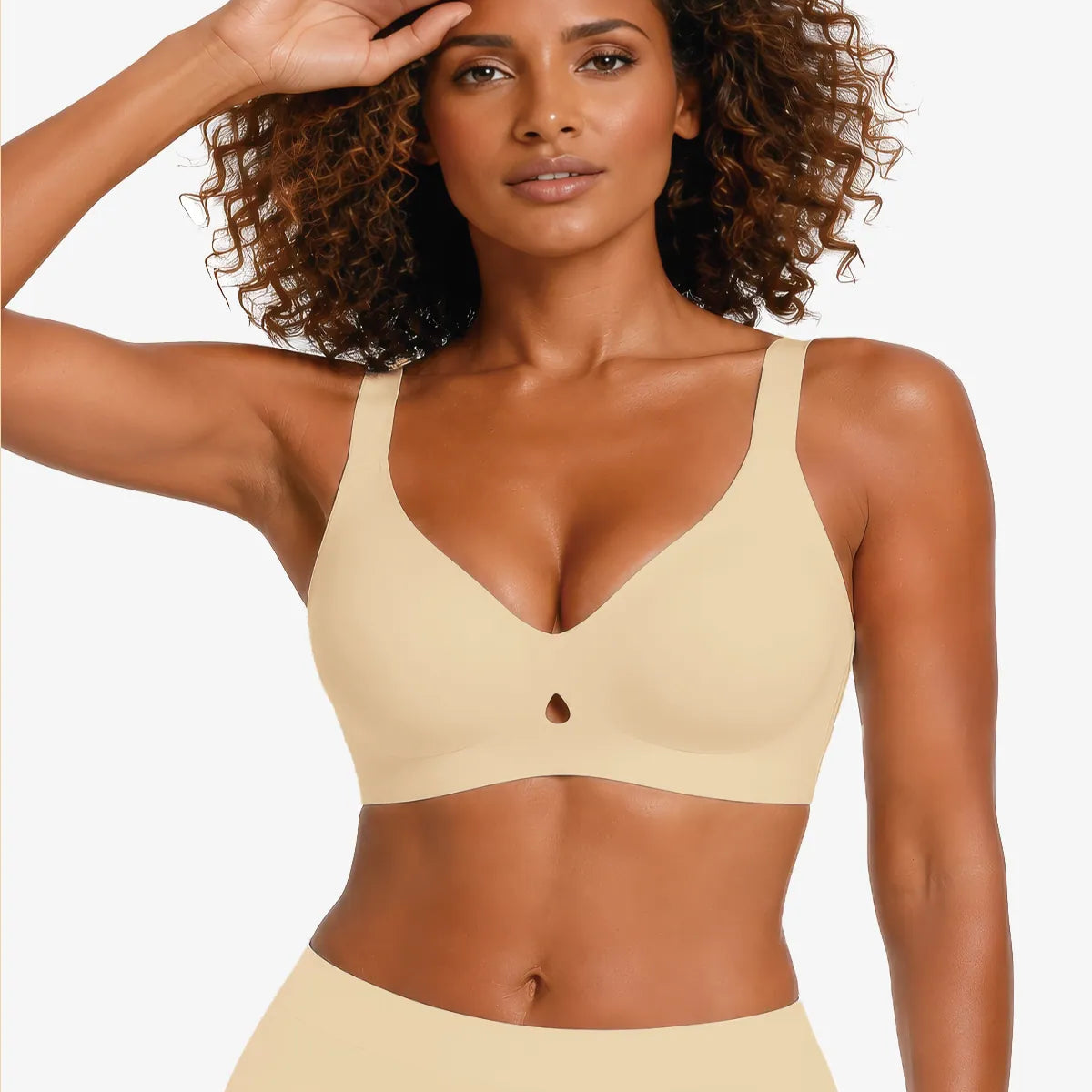 Seamless plunge wireless bra in skin tone, U-neck front, minimal seams