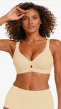 Seamless plunge wireless bra in skin tone, U-neck front, minimal seams