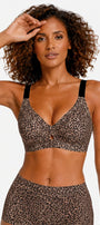 Leopard-print plunge wireless bra with seamless full-support cups, black base