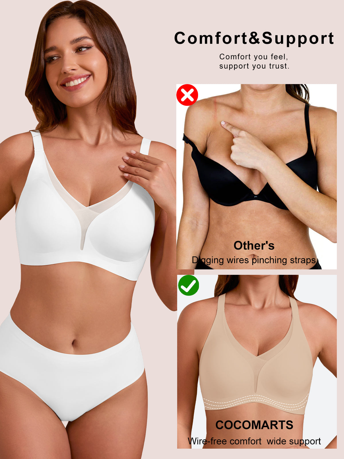 COCOMARTS Jelly Bras for Women No Underwire Push Up Deep V Mesh Comfort T Shirt Bralette Wireless Seamless Everyday Bra White