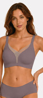 Seamless deep V bra set with mesh insert and wire-free support in muted purple