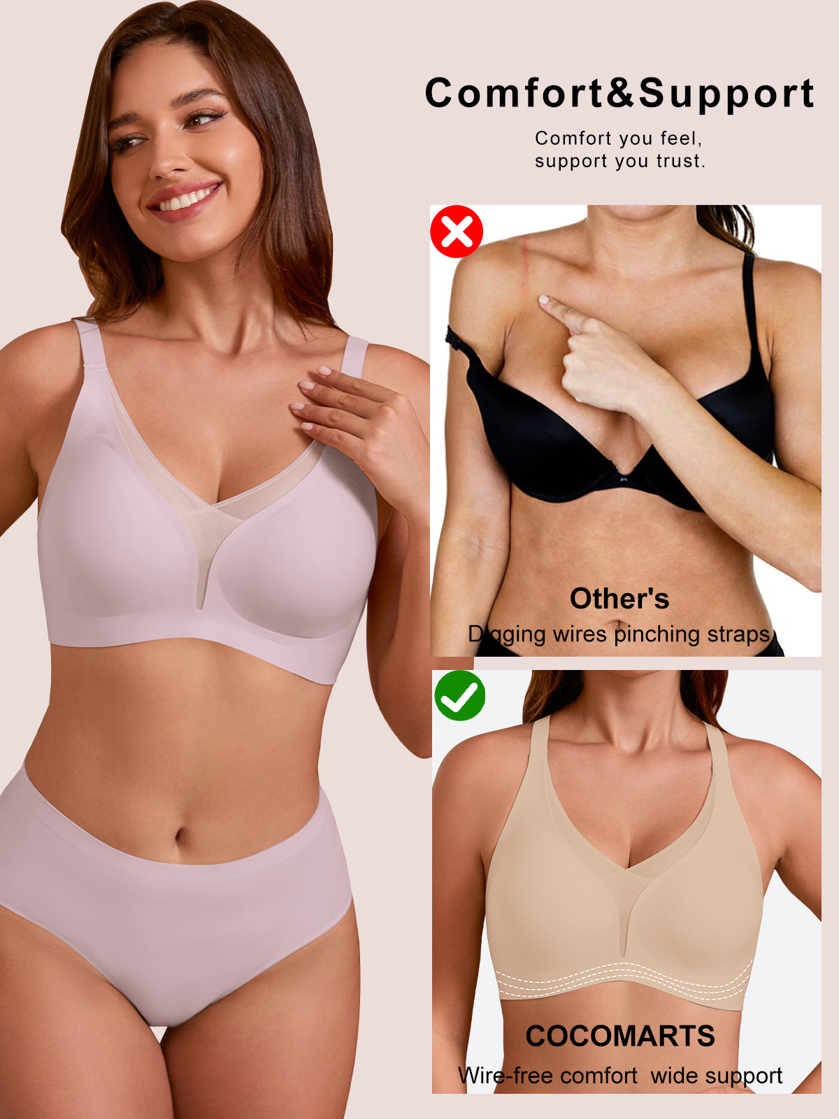 COCOMARTS Jelly Bras for Women No Underwire Push Up Deep V Mesh Comfort T Shirt Bralette Wireless Seamless Everyday Bra Pink