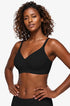 Black seamless plunge bra with wide V neckline, molded wireless cups