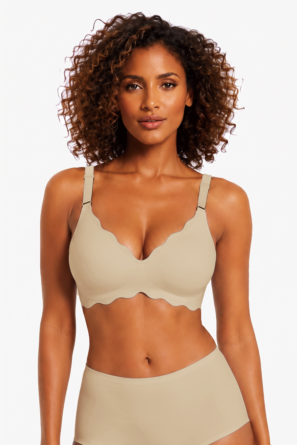 Jelly Bras for Women No Underwire Scalloped Push Up Wireless Bralettes Seamless Soft Comfort Everyday Tshirt Bra Semolina