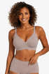 Grey scalloped full-coverage bra with wire-free cups, front view