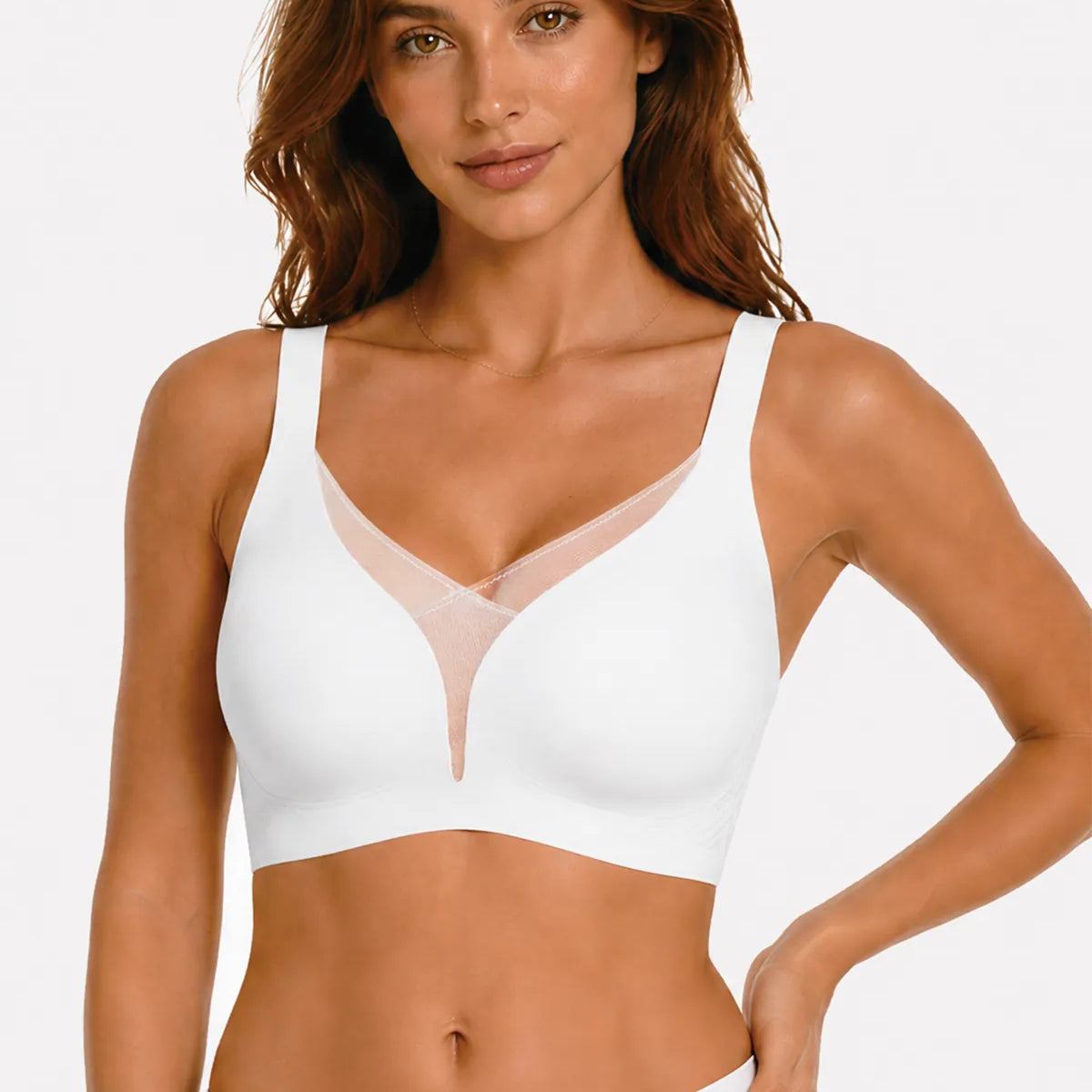 White deep V mesh bra, no underwire, push-up style