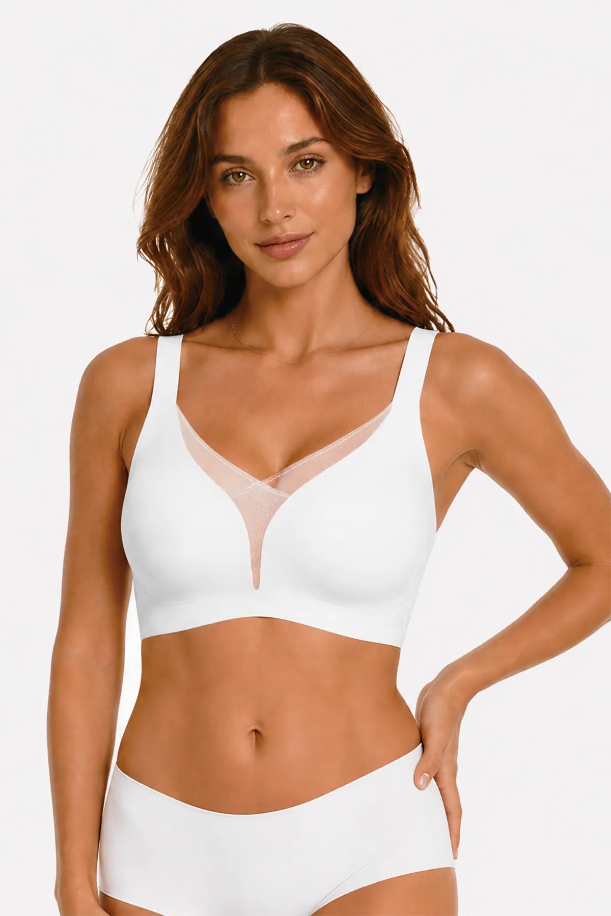 White deep V mesh bra, no underwire, push-up style