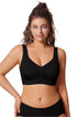 Black wireless T-shirt bra with wide straps, a V neckline and gathered center front