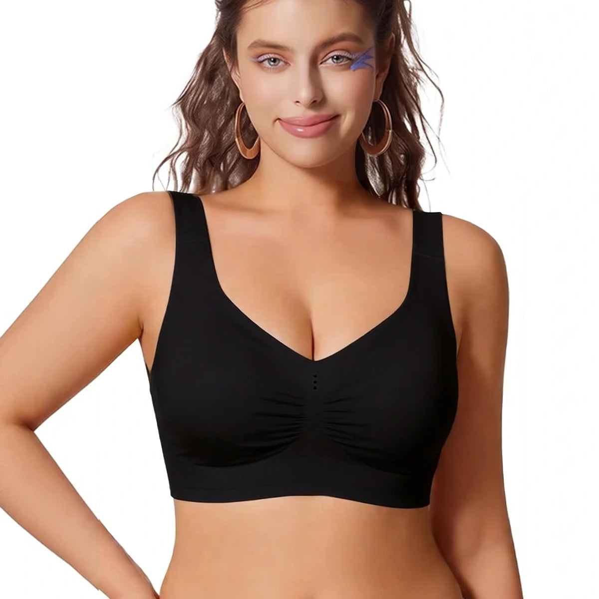 Black wireless T-shirt bra with wide straps, a V neckline and gathered center front