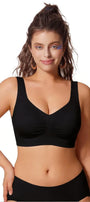 Black wireless T-shirt bra with wide straps, a V neckline and gathered center front