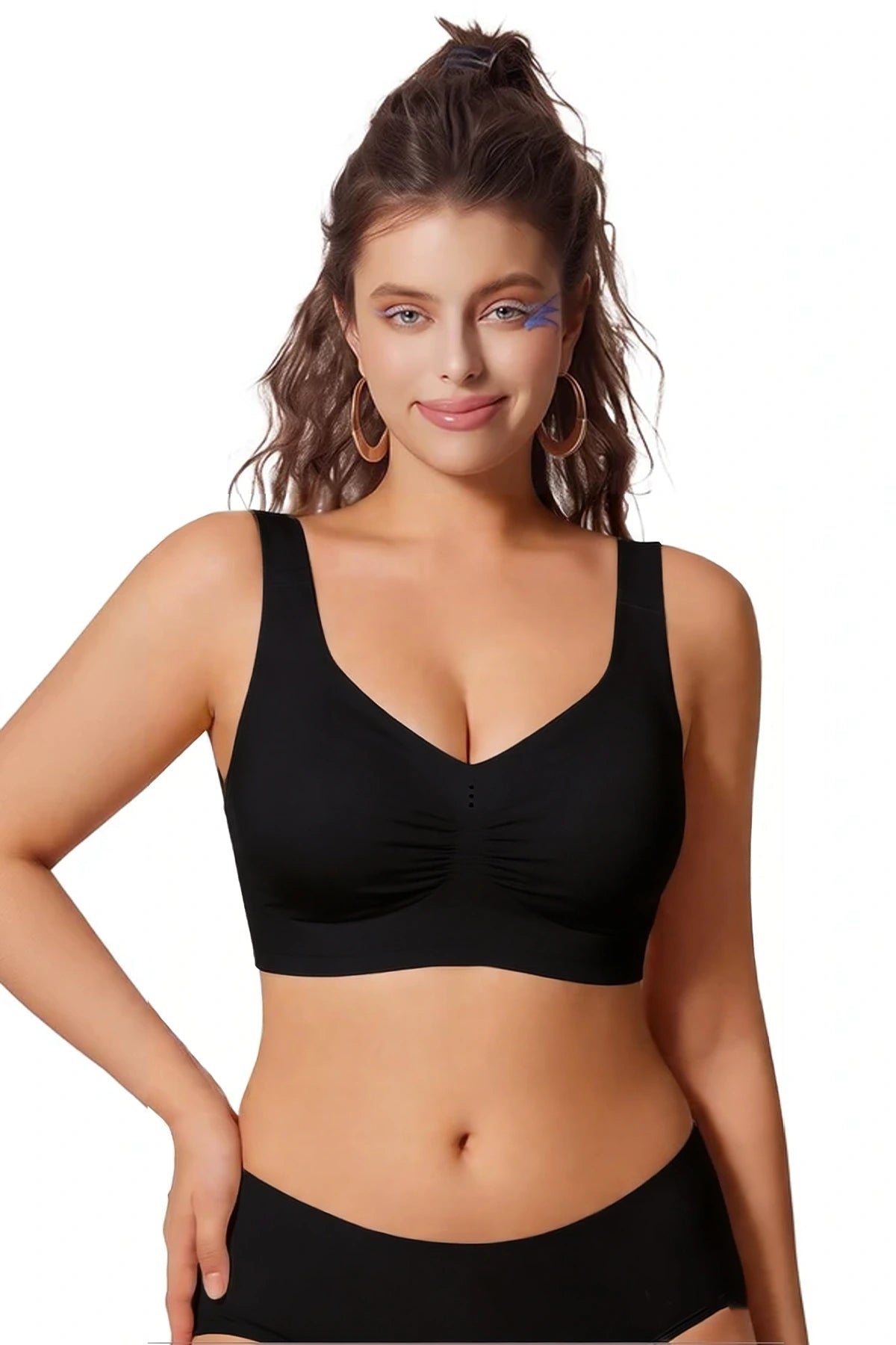 Black wireless T-shirt bra with wide straps, a V neckline and gathered center front