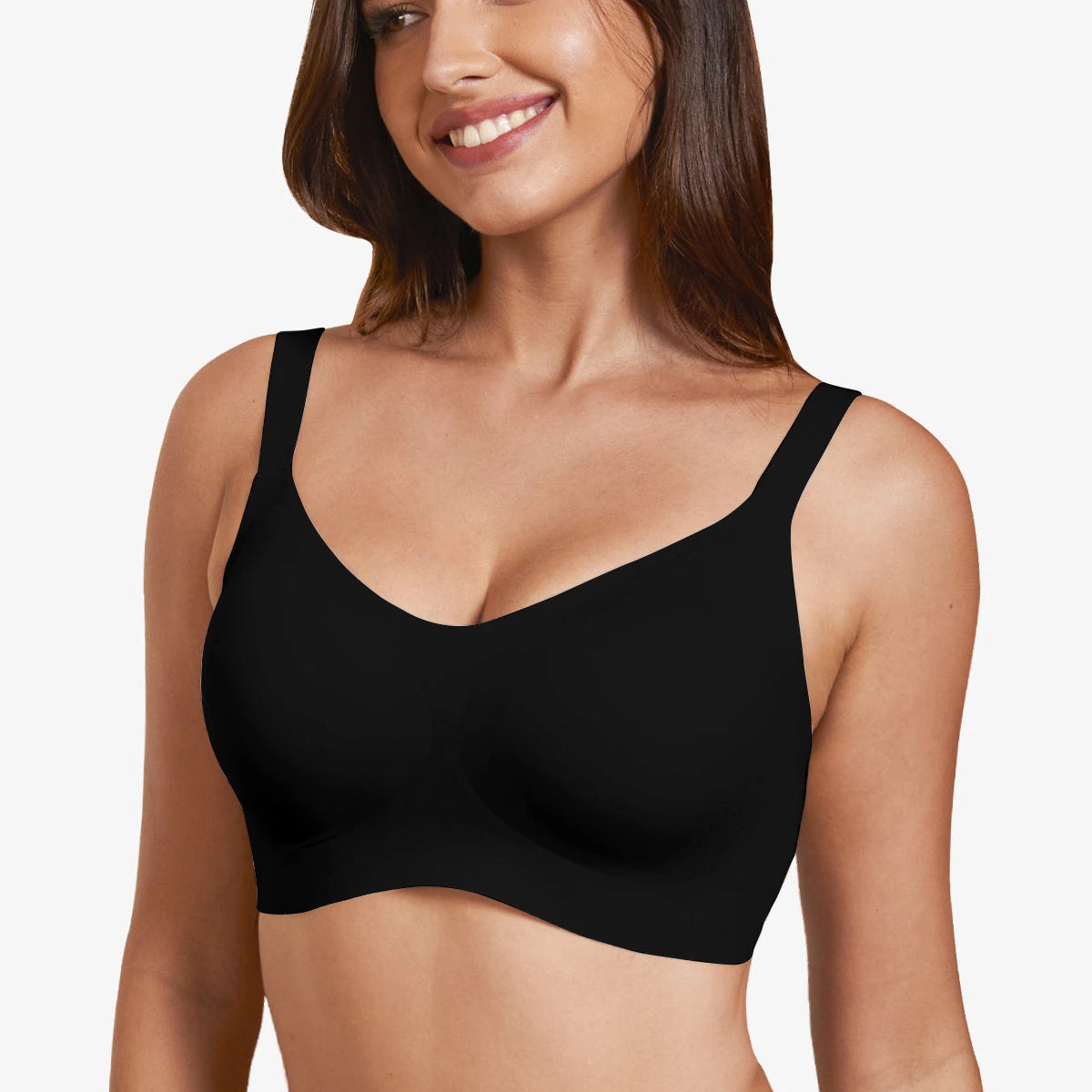 Black wireless full-coverage T-shirt bra with wide straps and a smooth scoop neckline