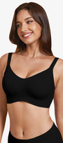 Black wireless full-coverage T-shirt bra with wide straps and a smooth scoop neckline