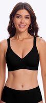 Black seamless bralette with a V-neckline and wide shoulder straps