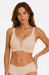 Skin-tone wireless deep V bra with wide straps, smooth cups, and matching high-waisted briefs.
