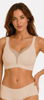 Skin-tone wireless deep V bra with wide straps, smooth cups, and matching high-waisted briefs.
