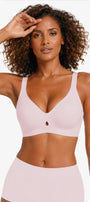 Pink seamless wireless plunge bra with full coverage molded cups