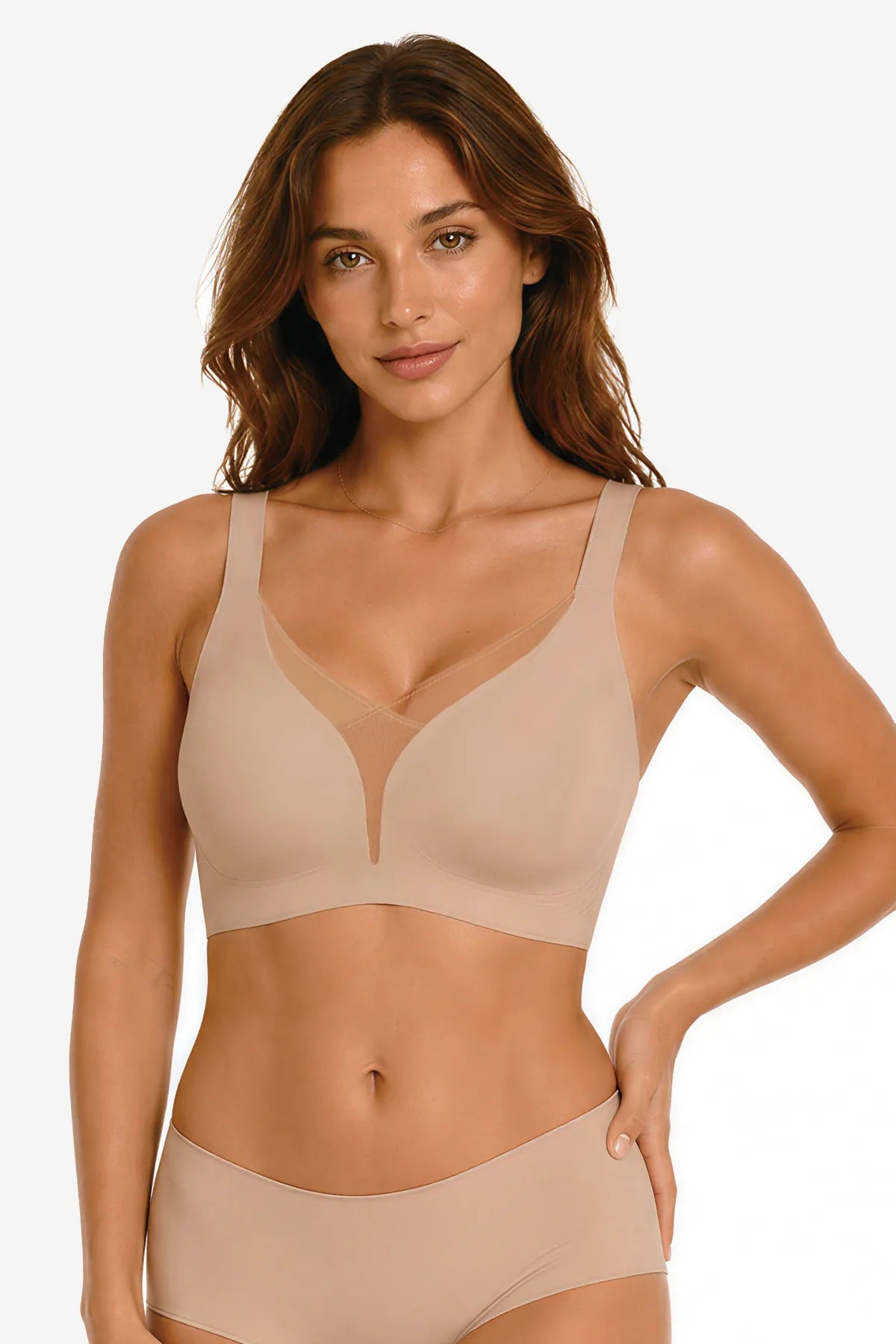 Nude deep V mesh push-up bra, no underwire, sheer cups and wide back band