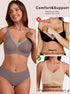Wireless deep V bra in coffee, front view with wide straps and V neckline