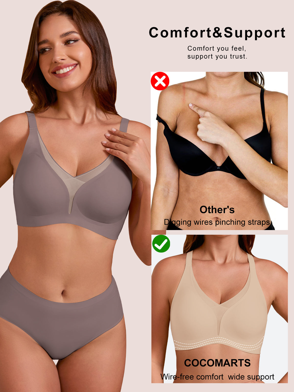 COCOMARTS Jelly Bras for Women No Underwire Push Up Deep V Mesh Comfort T Shirt Bralette Wireless Seamless Everyday Bra Coffee