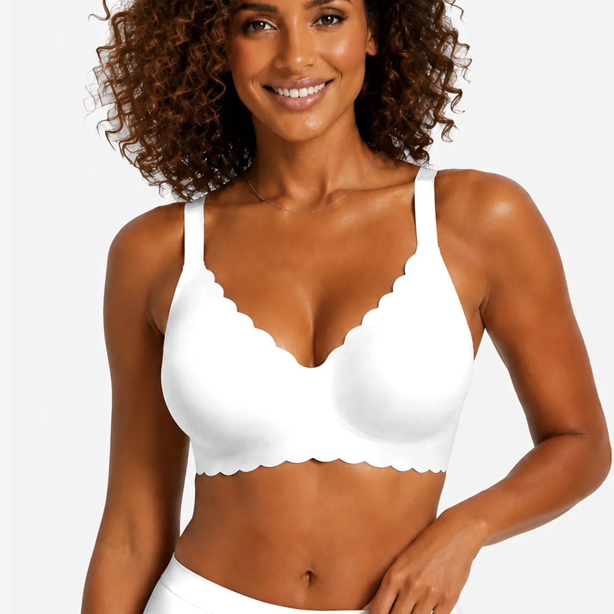White scalloped full-coverage bra with smooth cups, no underwire