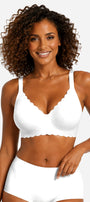 White scalloped full-coverage bra with smooth cups, no underwire