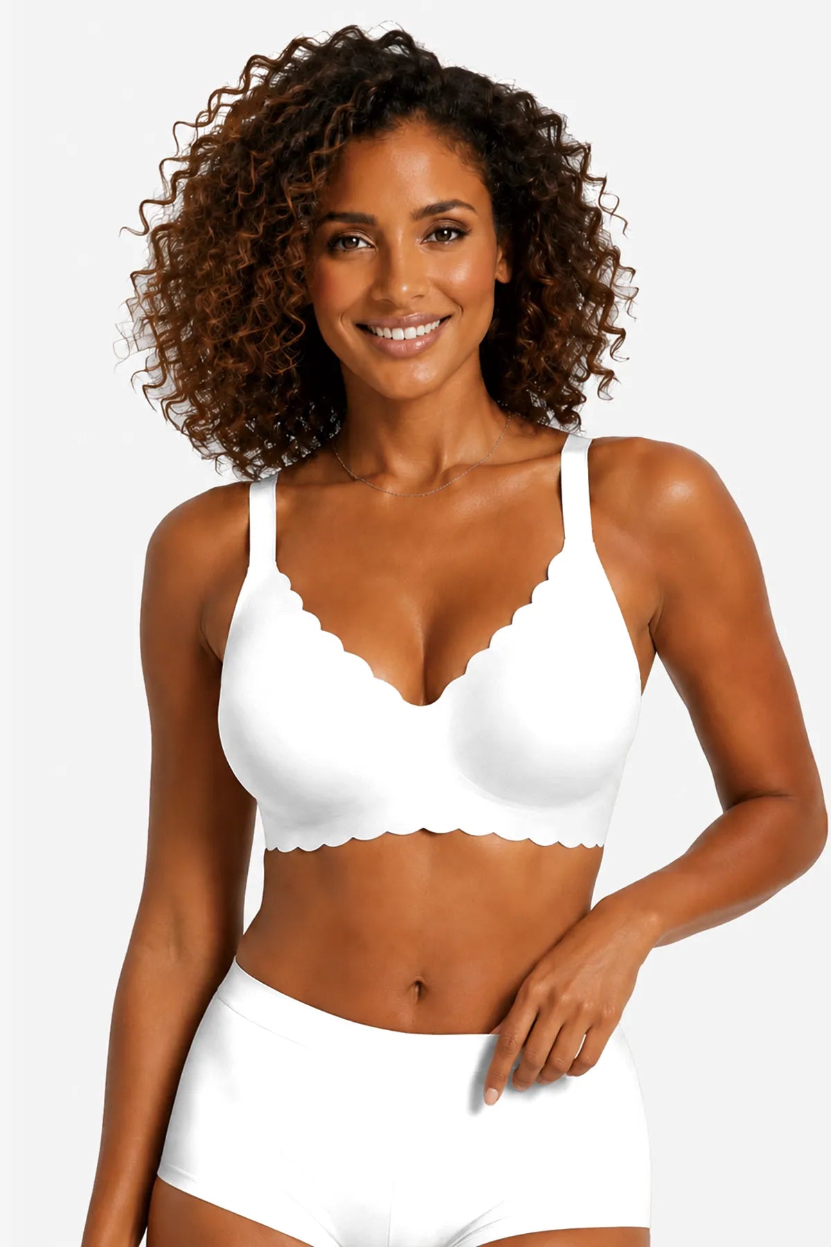 White scalloped full-coverage bra with smooth cups, no underwire