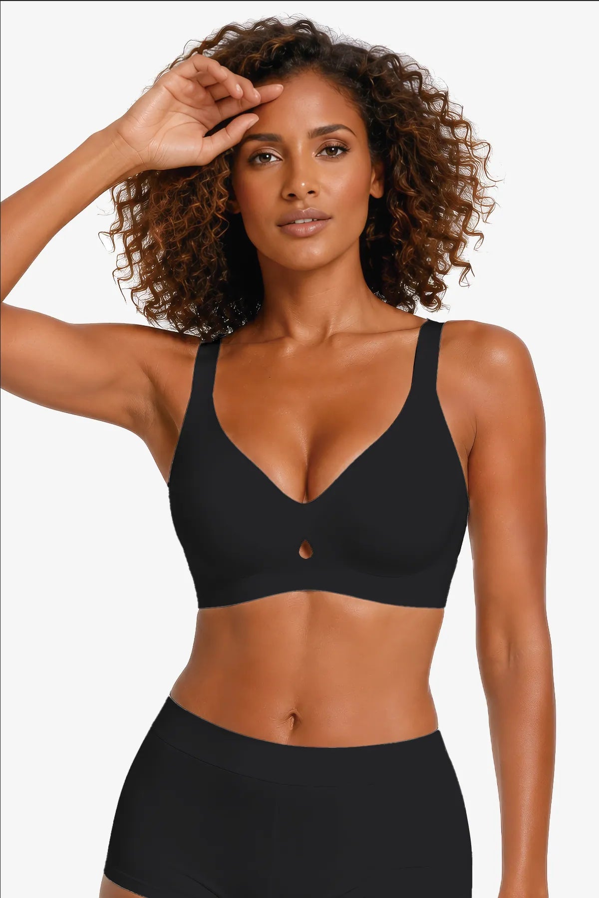 Black wireless plunge bra with seamless fabric and smooth underbust band