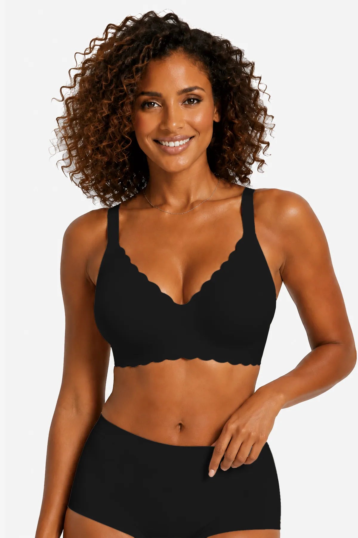 Scalloped black full-coverage bra, no underwire, V neckline