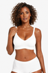 White wireless bra with plunging neckline and matching high-rise bottoms