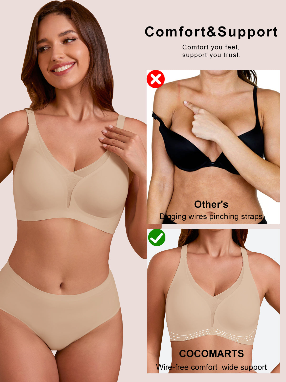 COCOMARTS Jelly Bras for Women No Underwire Push Up Deep V Mesh Comfort T Shirt Bralette Wireless Seamless Everyday Bra Nude