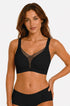Black deep V mesh bralette with wide straps, no underwire, push-up padding