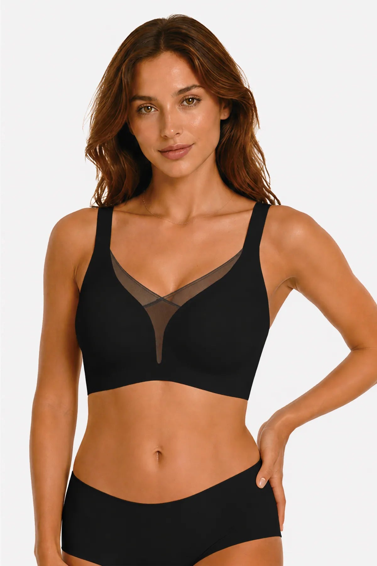 Black deep V mesh bralette with wide straps, no underwire, push-up padding