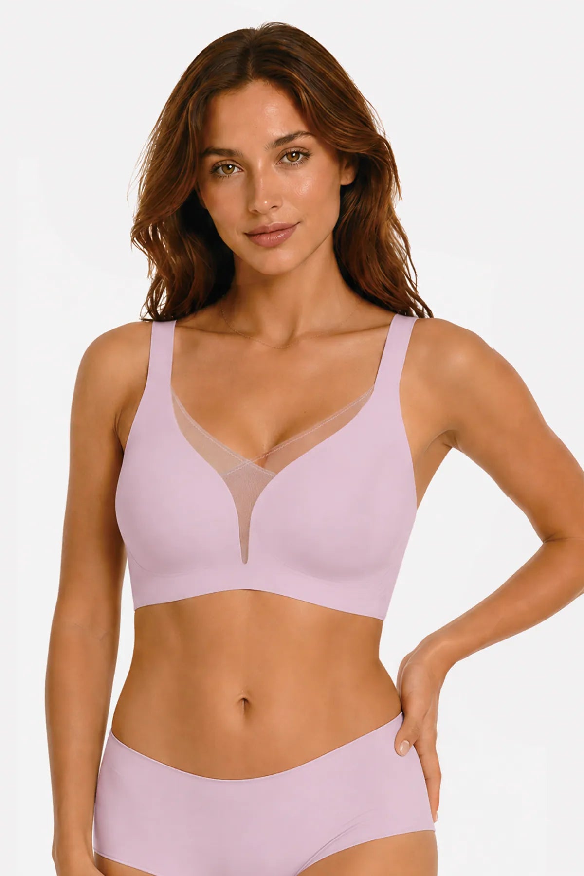 Pink deep V mesh bralette with wide straps