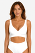 White wireless deep V t-shirt bra with smooth molded cups and wide underband
