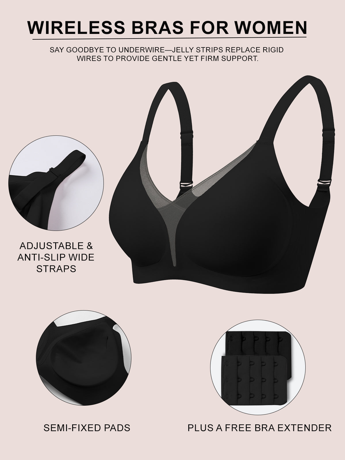 COCOMARTS Jelly Bras for Women No Underwire Push Up Deep V Mesh Comfort T Shirt Bralette Wireless Seamless Everyday Bra Black