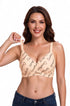 Beige printed mesh bra with wide straps, scalloped cups, and a small center cutout