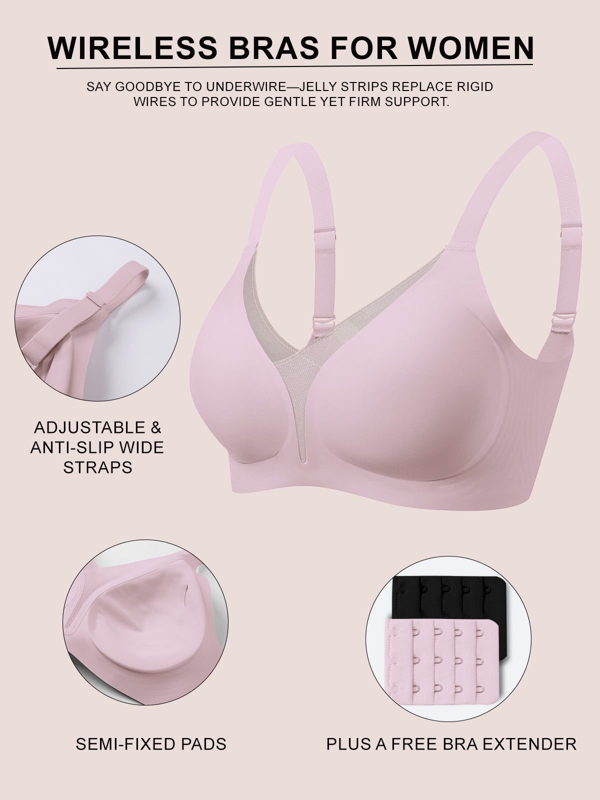 COCOMARTS Jelly Bras for Women No Underwire Push Up Deep V Mesh Comfort T Shirt Bralette Wireless Seamless Everyday Bra Pink