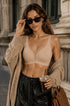 Nude wireless deep V mesh bra on model, smooth seamless wire-free fit