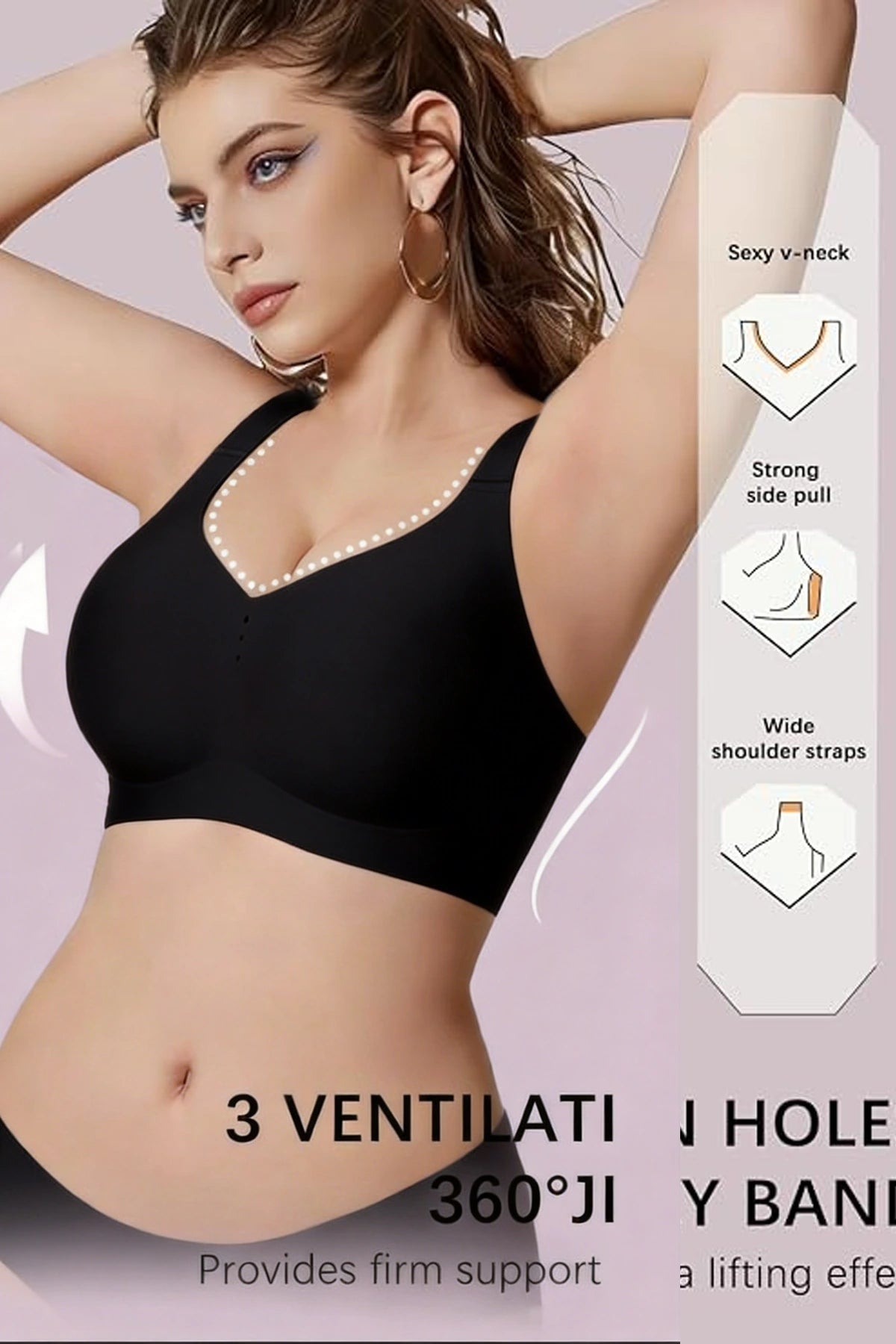Black full coverage wireless bra with a V neckline and wide shoulder straps