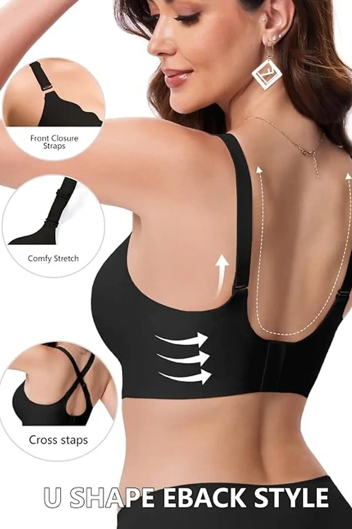 Black wireless bra with U-shaped back, adjustable straps, and cross-back strap option
