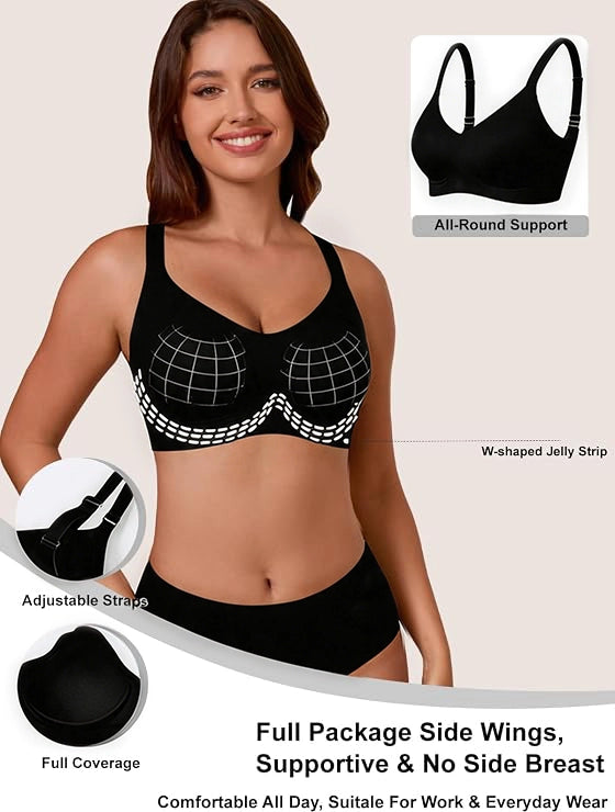 Black full-coverage wireless bra with adjustable straps and molded cups