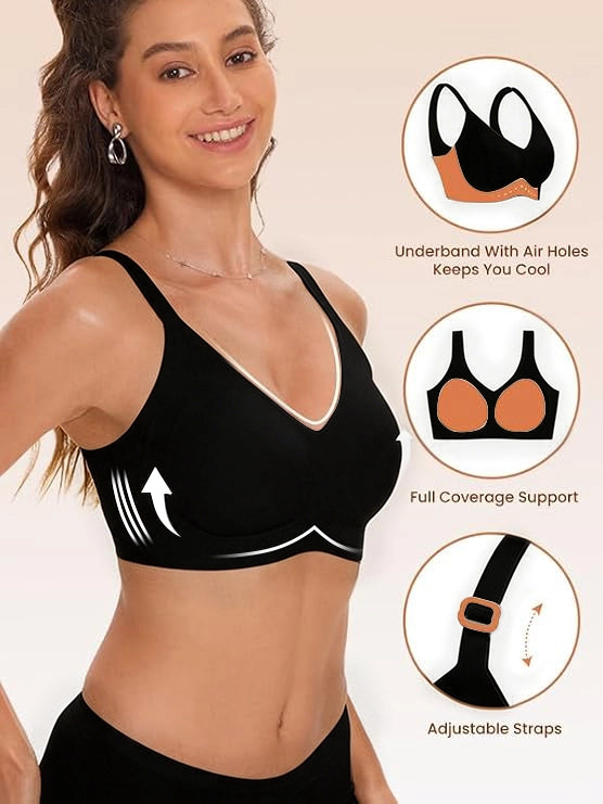 Black support bralette with adjustable straps and contrasting neckline trim