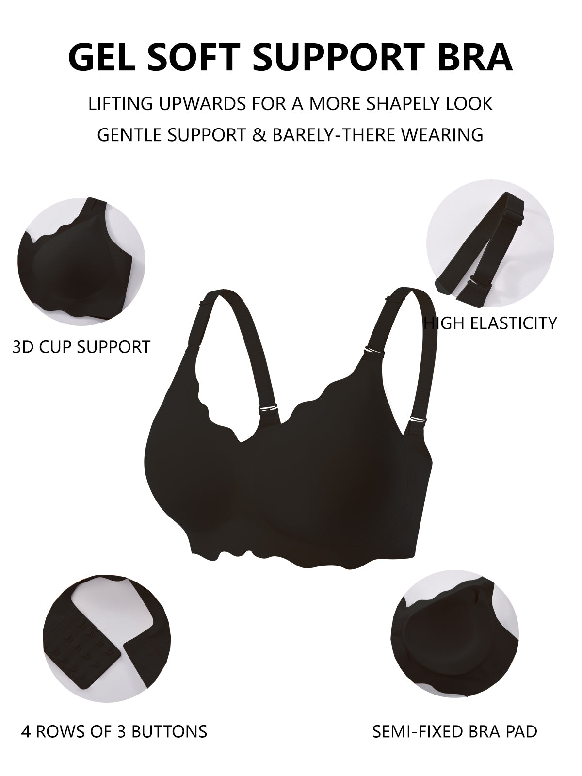 COCOMARTS Jelly Bras for Women No Underwire Scalloped Push Up Wireless Bralettes Seamless Soft Comfort Everyday Tshirt Bra Black
